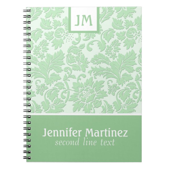 Carnet Monogramme Pastel Vert Monochromatique Damas (Devant)