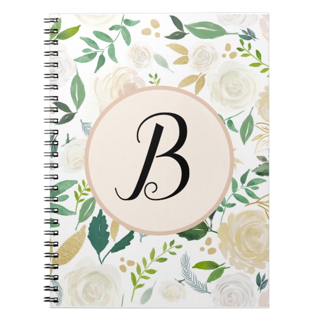 Carnet Monogramme personnalisé Aquarelle Vert Floraison d (Devant)