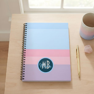 Carnet Monogramme personnalisé rose pastel et rayure bleu