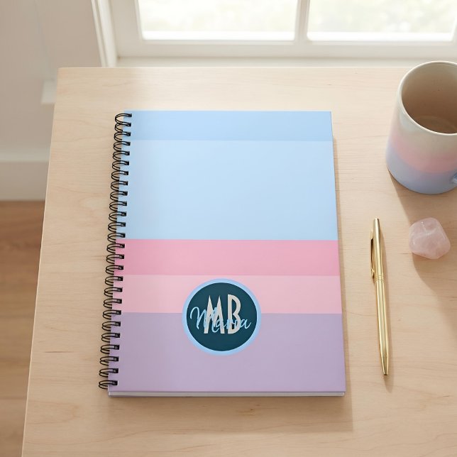 Carnet Monogramme personnalisé rose pastel et rayure bleu (Créateur téléchargé)