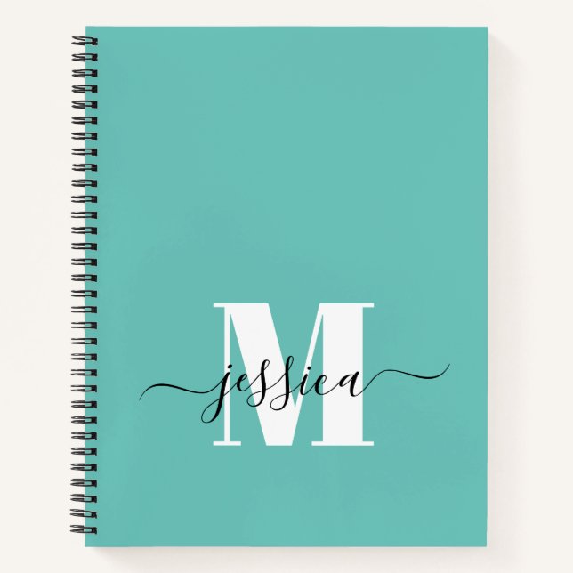 Carnet Monogramme personnalisé turquoise et blanc (Devant)