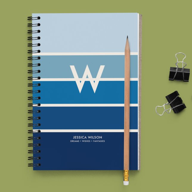 Carnet Monogramme Personnel à Rayures Bleues à Large Dégr (Créateur téléchargé)