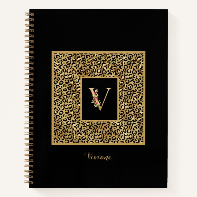 Carnet Monogramme personnel Or Léopard Moderne Lettre V (Devant)