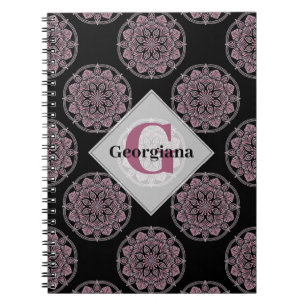 Carnet Monogramme Pink Floral Fronds Polka Dot Mandala