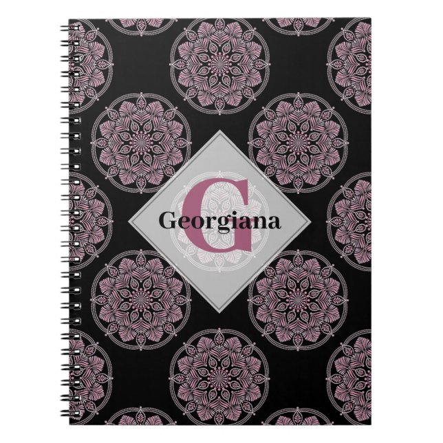 Carnet Monogramme Pink Floral Fronds Polka Dot Mandala (Devant)