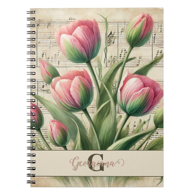 Carnet Monogramme Pink & Green Vintage Tulips Partition M (Devant)