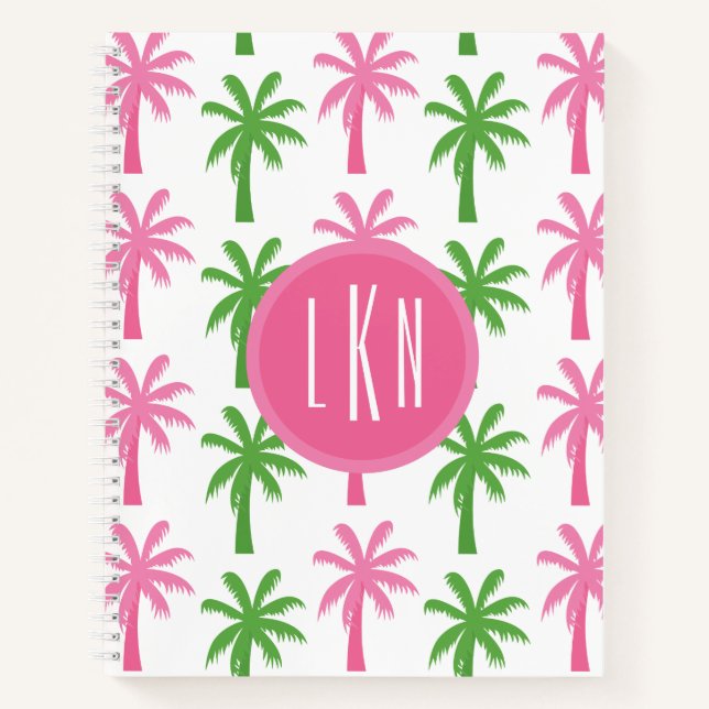 Carnet Monogramme Preppy rose & vert Palmiers (Devant)