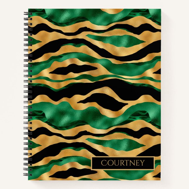Carnet Monogramme rayé tigre vert brillant or et noir (Devant)