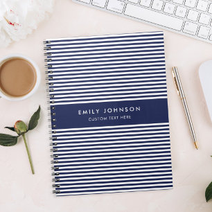 Carnet Monogramme Rayures Bleu Marine Minimaliste Moderne