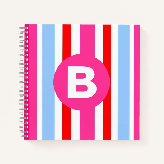 Carnet Monogramme rayures bonbons rose et bleu vif (Devant)