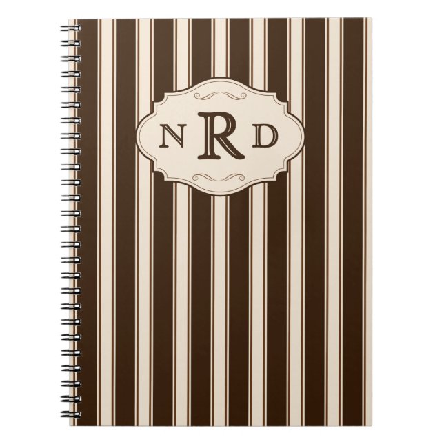 Carnet Monogramme rayures chocolat et crème vintage (Devant)
