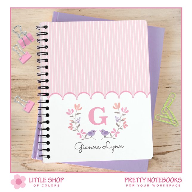 Carnet Monogramme rayures florales roses (Créateur téléchargé)