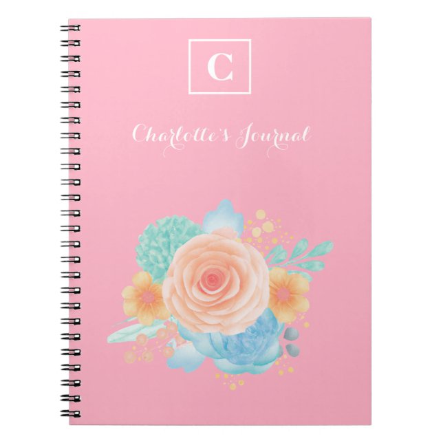 Carnet Monogramme rose Aquarelle florale (Devant)