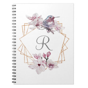 Carnet Monogramme rose blanc Magnolias Bird Gold Frame