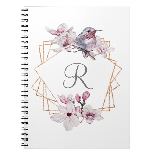 Carnet Monogramme rose blanc Magnolias Bird Gold Frame (Devant)