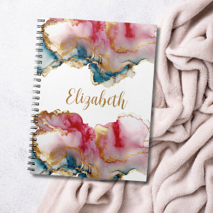 Carnet Monogramme Rose Bleu Or Lavis Aquarelle Abstrait