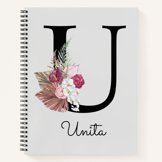 Carnet Monogramme Rose Bohème Féminin Floral Initial U (Devant)