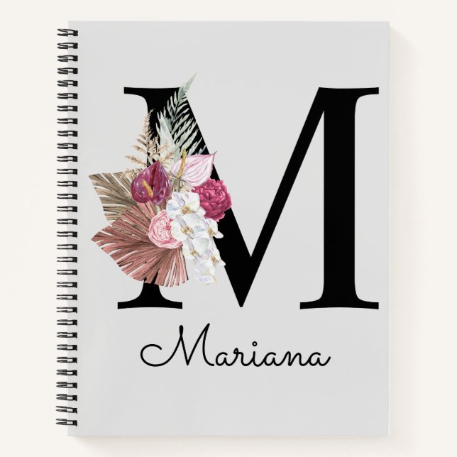 Carnet Monogramme Rose Bohème Féminin Floral Initiale M (Devant)