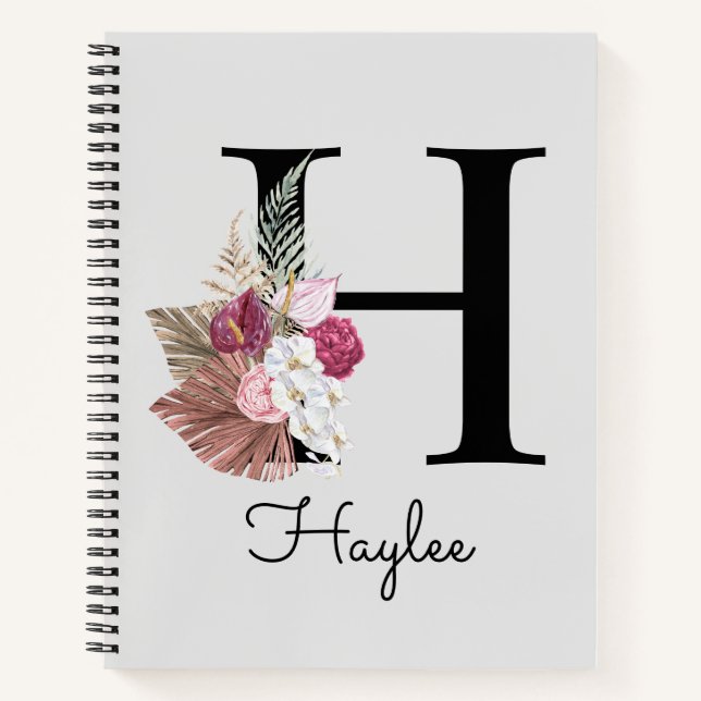 Carnet Monogramme Rose Boho Féminin Floral Initial H (Devant)