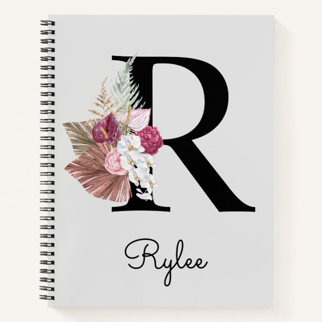 Carnet Monogramme Rose Boho Féminin Floral Initial R (Devant)