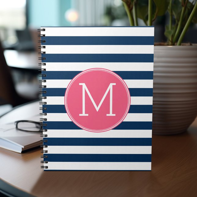 Carnet Monogramme rose chaud Motif rayé blanc et marine (Personalized notebook with custom text - add your name and other options)
