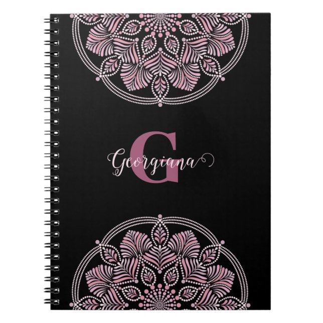 Carnet Monogramme Rose Dusky Fronds Floral Dot Mandala (Devant)