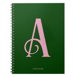 Carnet Monogramme rose élégant initial sur vert foncé