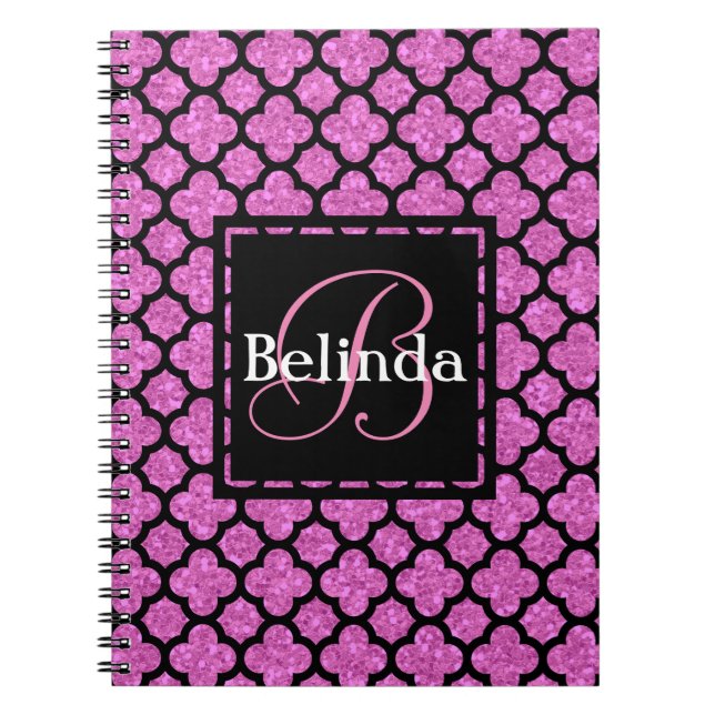 Carnet Monogramme rose et Parties scintillant Quatrefoil  (Devant)