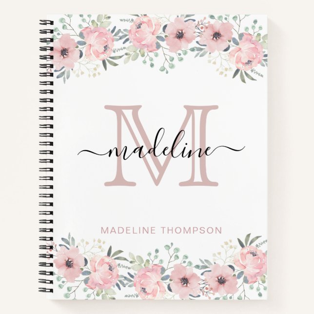 Carnet Monogramme rose floral élégant moderne (Devant)