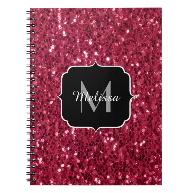 Carnet Monogramme rose foncé magenta faux scintillants (Devant)
