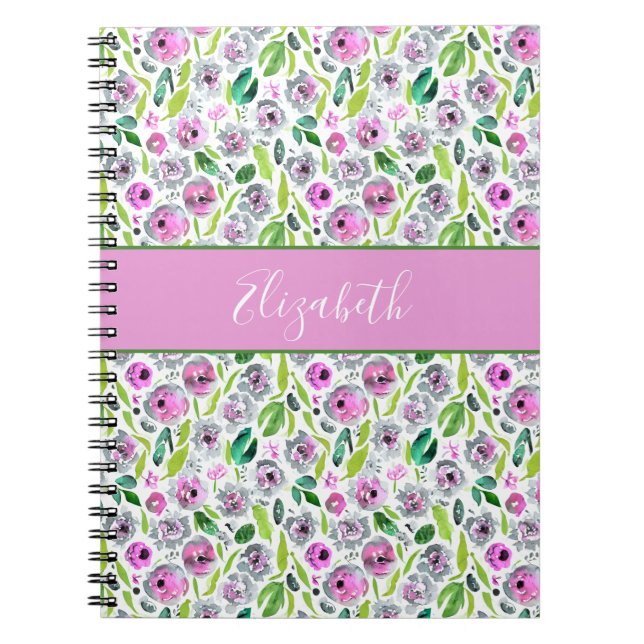 Carnet Monogramme Rose Gris Vert Bohème Floral Aquarelle  (Devant)