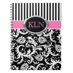 Carnet Monogramme rose noir blanc rayé Damas