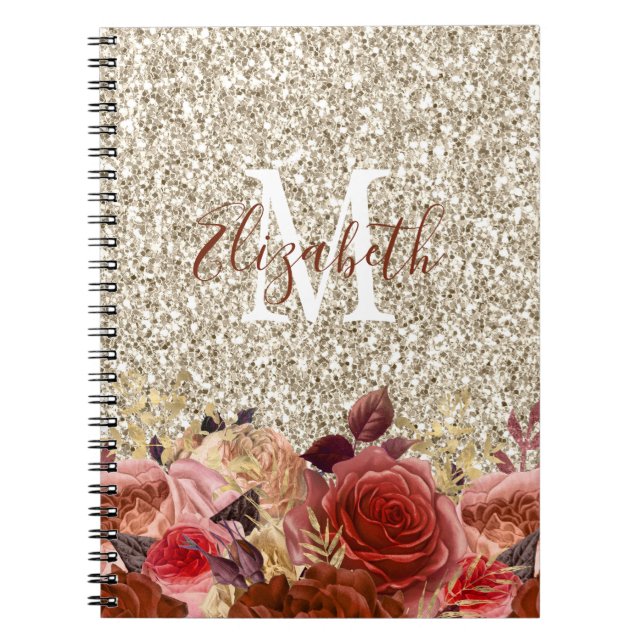 Carnet Monogramme Rose or Fleurs Parties scintillant or c (Devant)