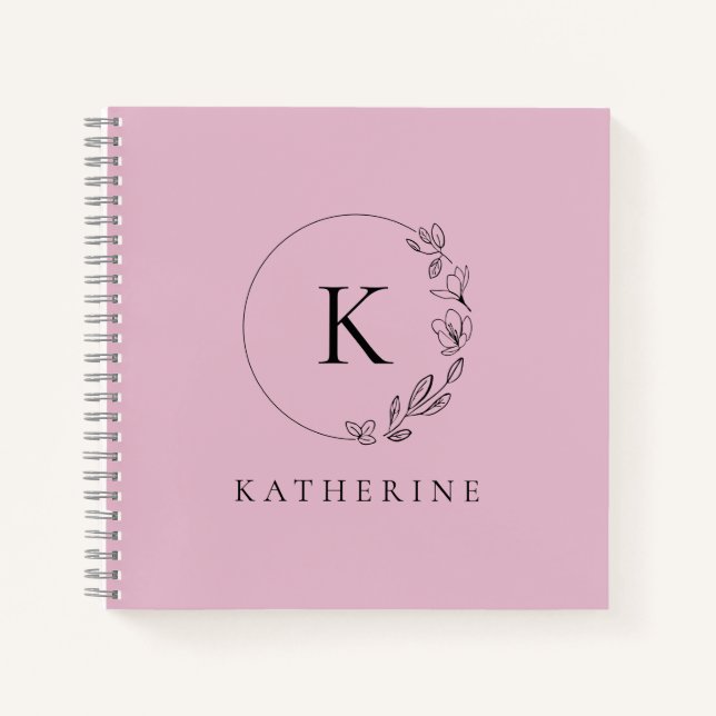 Carnet Monogramme rose personnalisé douce couronne floral (Devant)