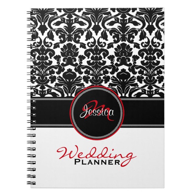 Carnet Monogramme Rouge noir blanc Mariage damassé Planne (Devant)