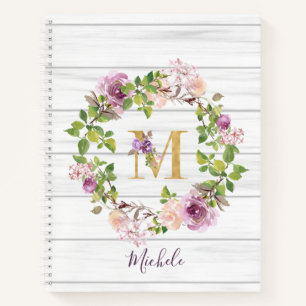 Carnet Monogramme Rustique Gold M Nom Floral Wreath