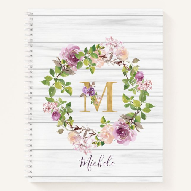 Carnet Monogramme Rustique Gold M Nom Floral Wreath (Devant)