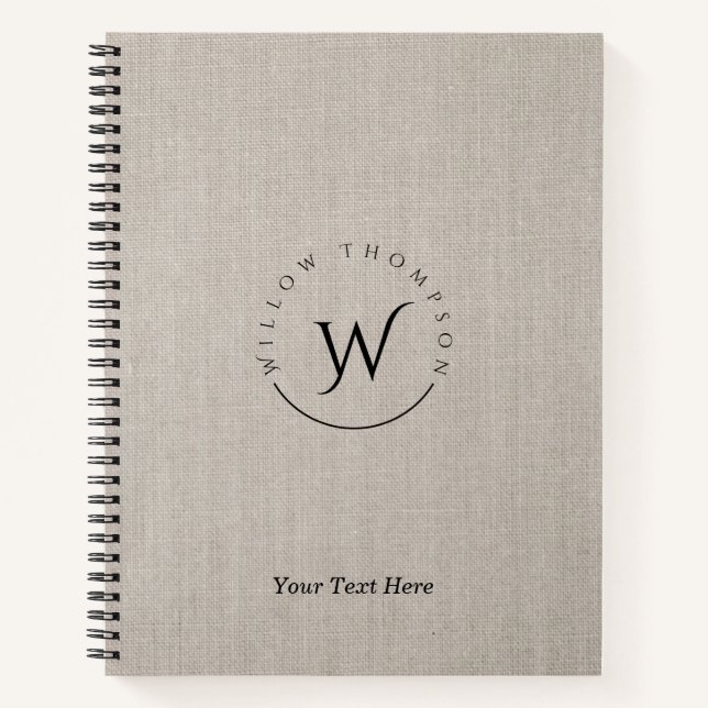 Carnet Monogramme Rustique Linge Beige Élégant Script (Devant)
