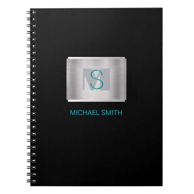 Carnet Monogramme sarcelle et gris, nom, argent brossé, n (Devant)