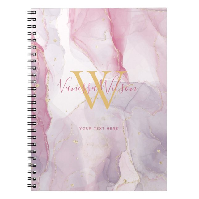Carnet Monogramme Script Aquarelle Veine D'or Rose Violet (Devant)