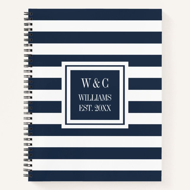 Carnet Monogramme Tendance Rayure Bleu Marine Nom de Fami (Devant)