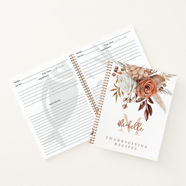 Carnet Monogramme Terracotta Florals Thanksgiving Recette (Intérieur)