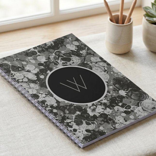 Carnet Monogramme Tourbillon de Marbre Noir et Blanc Mode (Modern marble swirl notebook for a sophisticated home office upgrade.)