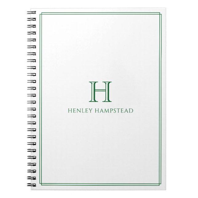 Carnet Monogramme traditionnel & nom avec bordure vert fo (Devant)