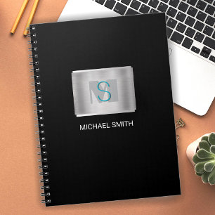 Carnet Monogramme turquoise et gris, Nom blanc, Argent, N