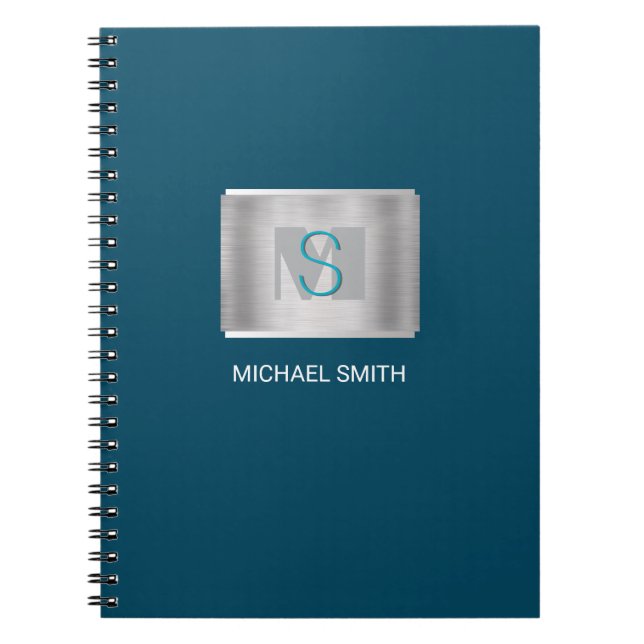 Carnet Monogramme turquoise et gris, Nom blanc, Bleu fonc (Devant)