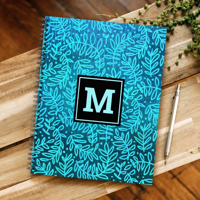 Carnet Monogramme turquoise feuillage moderne feuille mot (Créateur téléchargé)