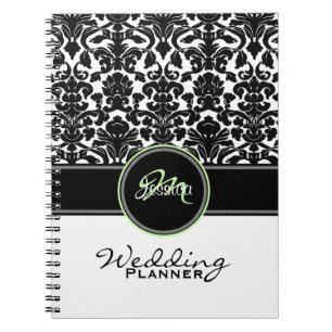 Carnet Monogramme vert noir blanc Mariage damassé Planner