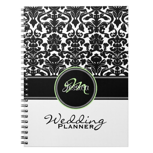 Carnet Monogramme vert noir blanc Mariage damassé Planner (Devant)