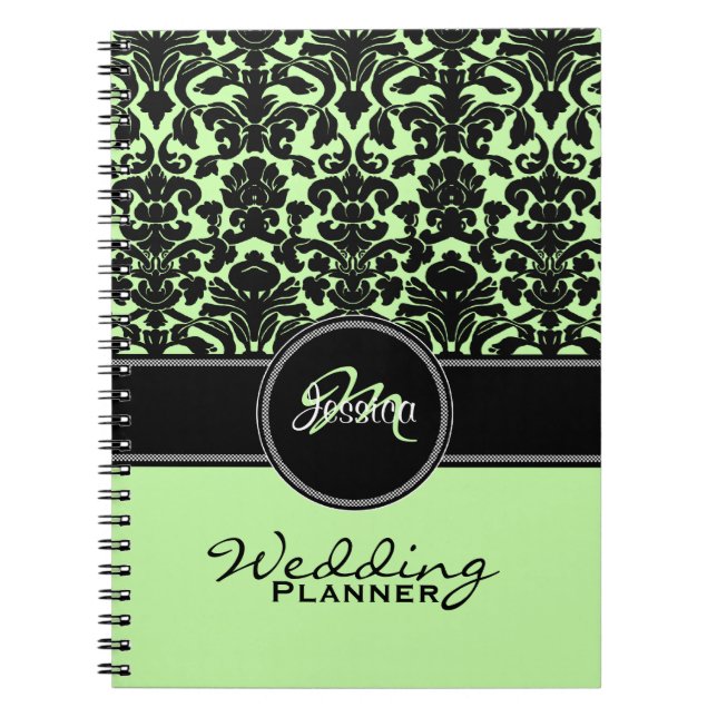 Carnet Monogramme vert noir blanc Mariage damassé Planner (Devant)